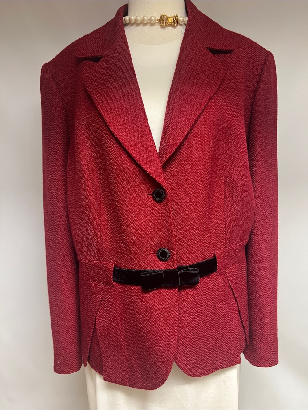 Tahari Deep Red Textured Blazer with Velvet Bow Belt